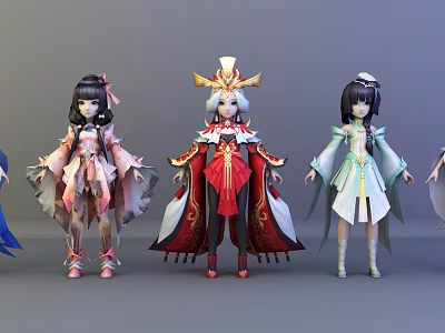 Multiple Anime Female Characters In Different Traditional Colorful Outfits With Ornate Headpieces 3d model