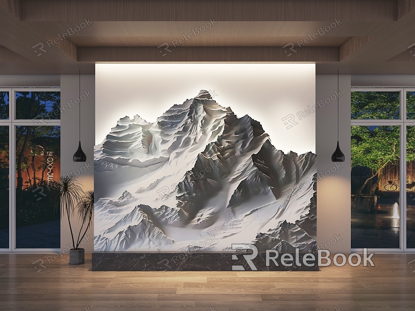 2D Gypsum Landscape Painting Background Wall Gypsum Mountain Background Living Room Background Wall Sofa Background Wall Villa Background Wall Stereoscopic Gypsum Painting Background Wall model