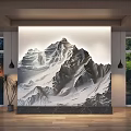 3D Mountain Textured Background Wall Modern Interior With Wooden Floor Large Windows And Pendant Lights