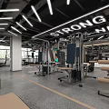 Modern Fitness Gym Interior With Ping Pong Table Exercise Machines Ceiling Lights And Floor Arrows