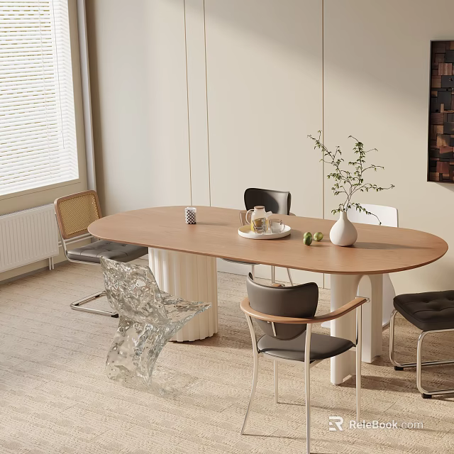 Oval Wooden Dining Table Set With Acrylic And Grey Chairs Plus Green Plant Decor 3d model 