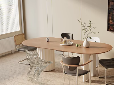 Oval Wooden Dining Table Set With Acrylic And Grey Chairs Plus Green Plant Decor 3d model