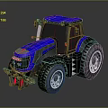 Blue And Black Farm Tractor With Large Wheels Enclosed Cabin And Metallic Body