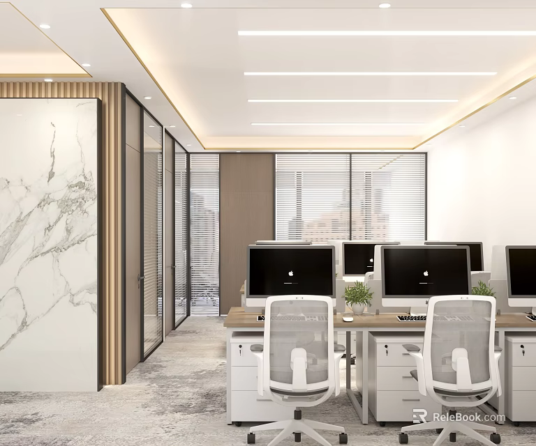 Modern Public Office Space With Workstations Computers Ergonomic Chairs And Glass Partitions 3d model