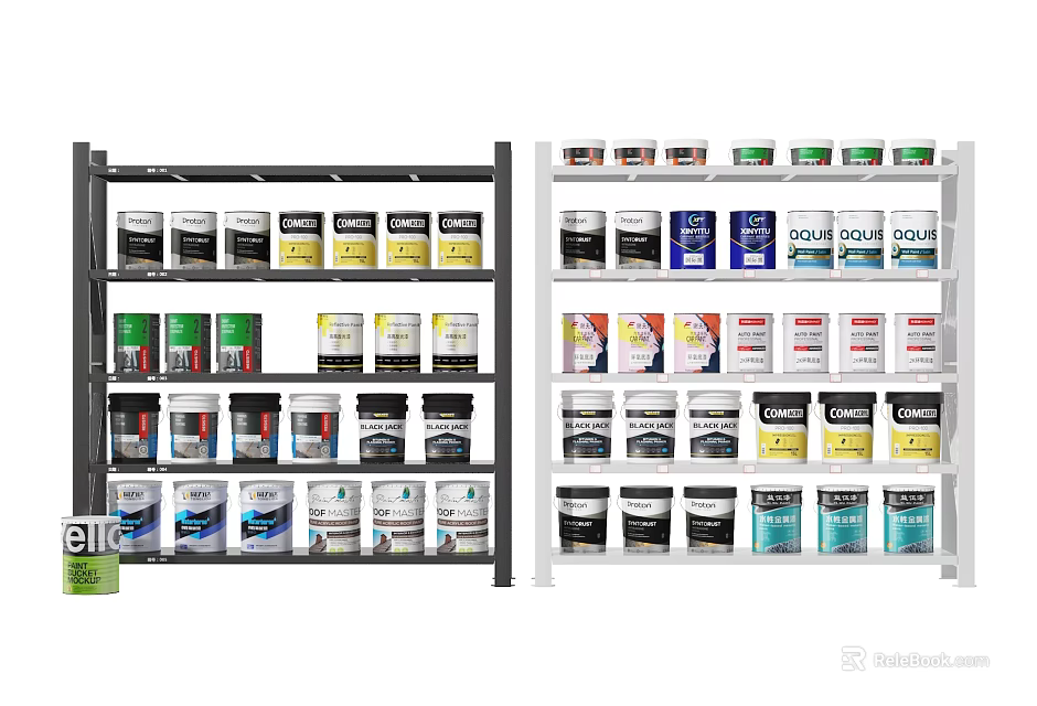 Retail Display Shelving Units In Black And White With Various Cans Products 3d model 