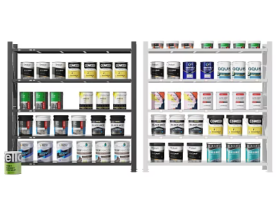 Retail Display Shelving Units In Black And White With Various Cans Products 3d model