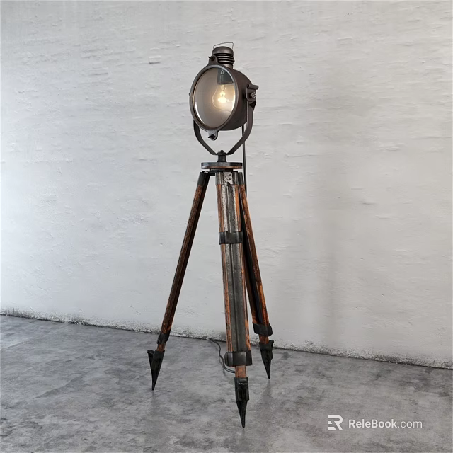 Vintage Tripod Floor Lamp With Wooden Stand And Metal Shade For Interior Lighting Decor 3d model 