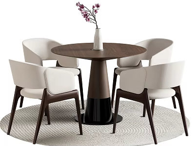 Modern Minimalist Round Wooden Dining Table With Four Light Upholstered Chairs And Vase On Rug 3d model