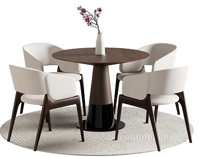 Modern Minimalist Round Wooden Dining Table With Four Light Upholstered Chairs And Vase On Rug 3d model