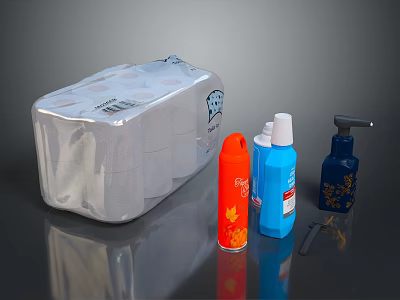 Household Supplies Including Silver Tissue Pack And Colorful Pump Bottles 3d model