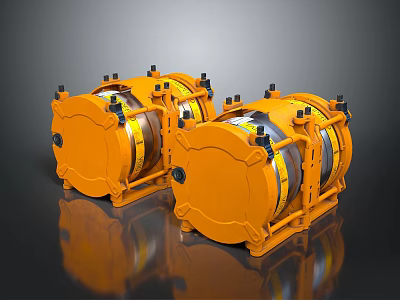 Two Orange Industrial Machinery Units With Metal Frames Black Bolts And Yellow Straps 3d model
