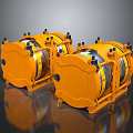 Two Orange Industrial Machinery Units With Metal Frames Black Bolts And Yellow Straps