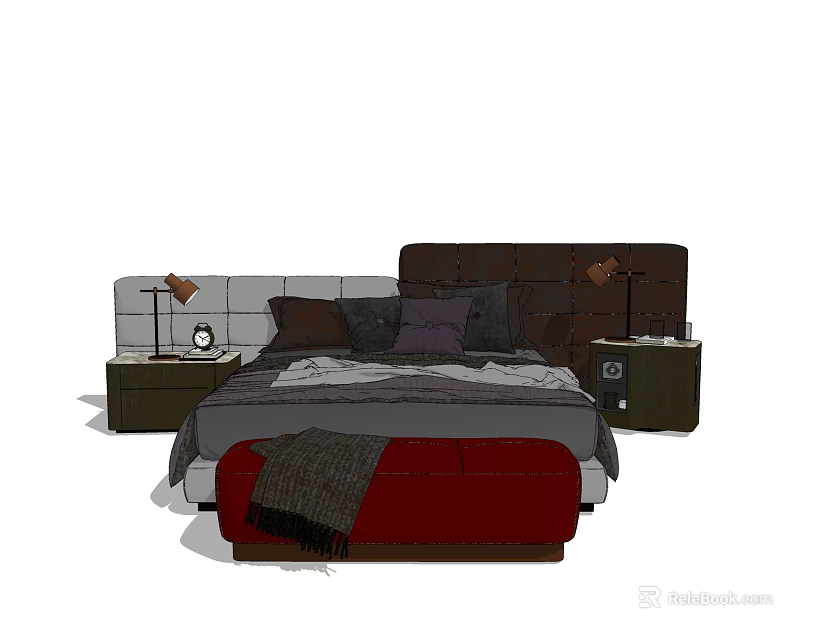 Double Bed with Dark Headboard Bedside Tables Table Lamps Pillows and Red Footstool 3d model