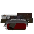 Double Bed with Dark Headboard Bedside Tables Table Lamps Pillows and Red Footstool 3d model