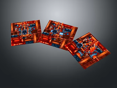 Three Red and Blue Mechanical Structures Arranged in Curved Formation Layout 3d model