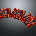 Three Red and Blue Mechanical Structures Arranged in Curved Formation Layout 3d model