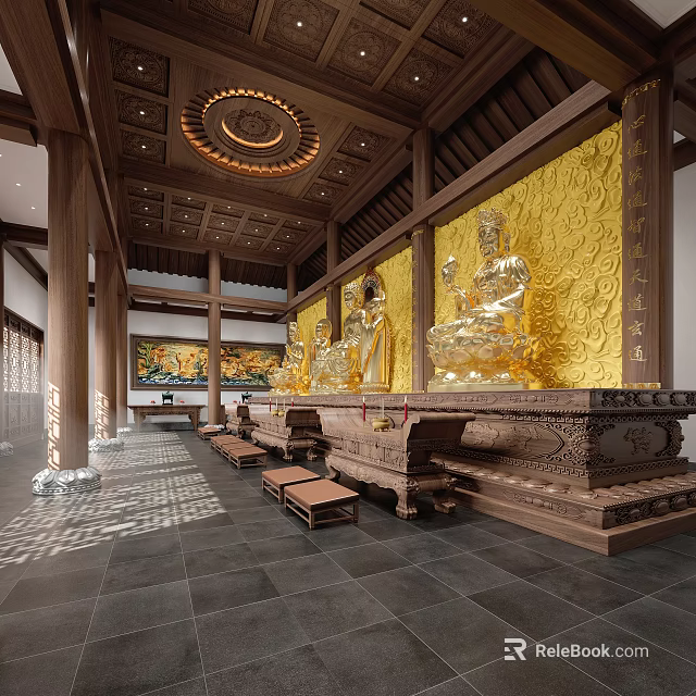 Traditional Buddhist Temple Interior Design With Golden Buddha Statues 3d model 