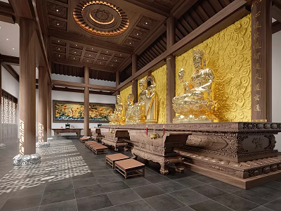 Traditional Buddhist Temple Interior Design With Golden Buddha Statues 3d model