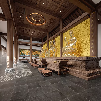 Traditional Buddhist Temple Interior Design With Golden Buddha Statues 3d model