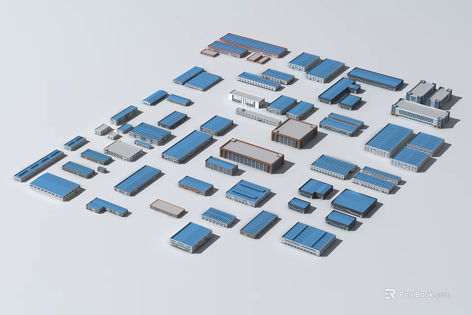 Industrial Factory Buildings 3D Models With Blue Roofs Various Shapes Different Sizes And Layout 3d model 