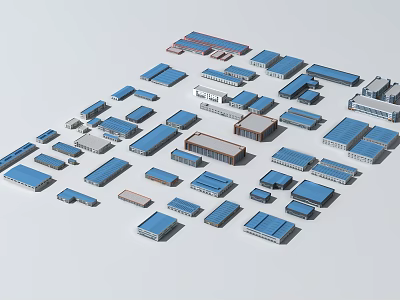 Industrial Factory Buildings 3D Models With Blue Roofs Various Shapes Different Sizes And Layout 3d model