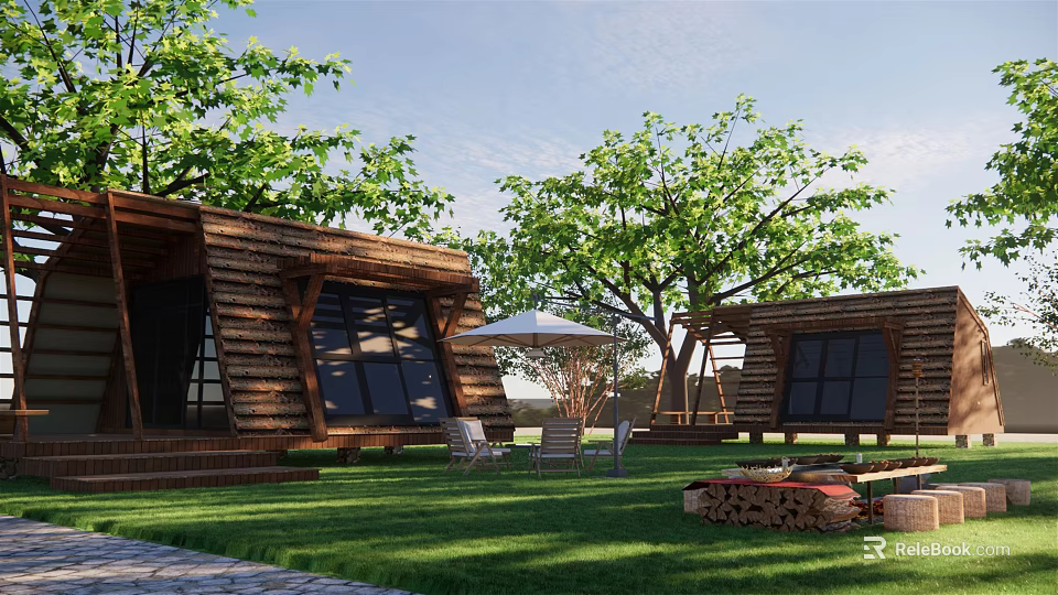 Wooden Cabins in Scenic Setting With Green Grass Trees and Outdoor Chairs 3d model 