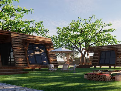 Wooden Cabins in Scenic Setting With Green Grass Trees and Outdoor Chairs 3d model