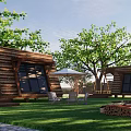 Wooden Cabins in Scenic Setting With Green Grass Trees and Outdoor Chairs