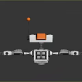 Silver Mechanical Robot With Cube Body Articulated Arms And Orange Components On Reflective Surface