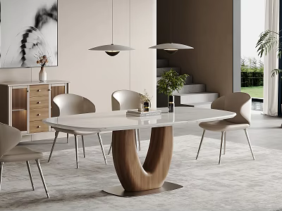 Modern Open Concept Dining Room Interior With White Table Wooden Base And Chairs 3d model