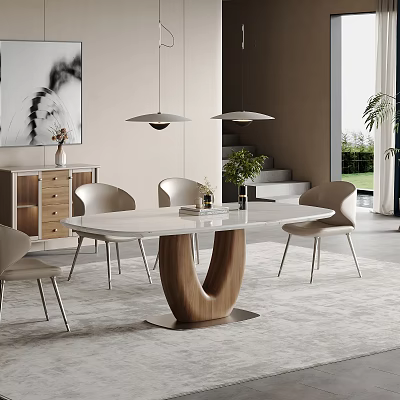 Modern Open Concept Dining Room Interior With White Table Wooden Base And Chairs 3d model