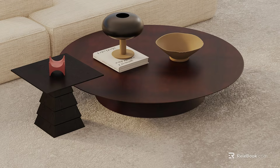 Elegant Round Brown Coffee Table With Black Vase Gold Bowl And Books Near Beige Sofa 3d model 