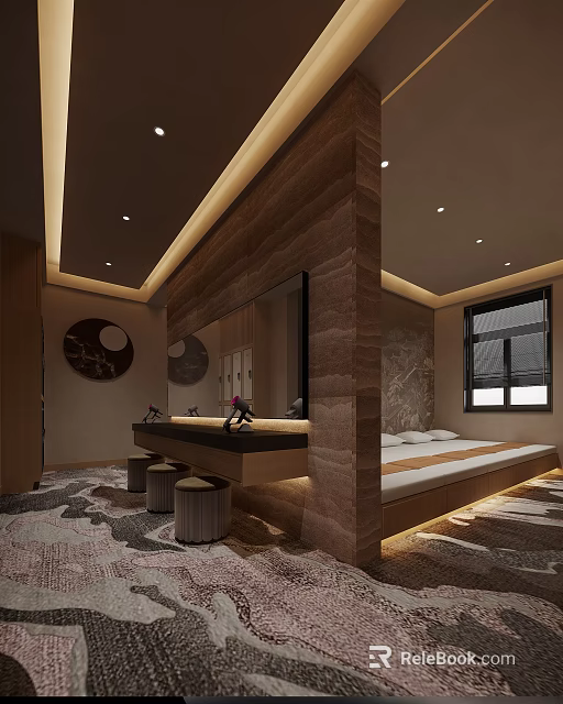 Modern Hotel Guest Room With Bed Vanity Mirror Ambient Lighting And Decorative Wall Art 3d model 