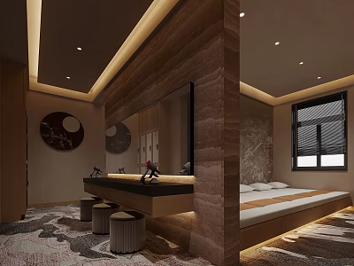 Modern Hotel Guest Room With Bed Vanity Mirror Ambient Lighting And Decorative Wall Art 3d model