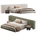 Modern Double Bed With Upholstered Headboard And Round Side Tables 3d model