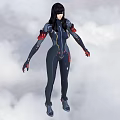 Woman With Long Black Hair In Fitted Futuristic Outfit Against Clouds And Blue Sky