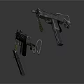 3D Rendered Firearms Equipment Including Submachine Gun And Magazine On Dark Background