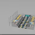 Modern Transportation Hub 3D Structure With Yellow Marked Areas Blue Signs White Pillars And Tracks