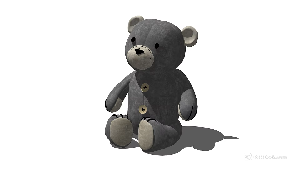 Gray Teddy Bear Doll Sitting With Button Details And Light Colored Ears 3d model 