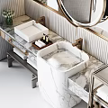 Modern Bathroom Vanity With Marble Countertop Circular Mirror And Hanging Lights