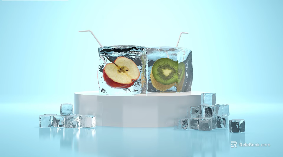 Refreshing Drink with Ice Cubes Containing Apple and Kiwi Slices and Straws on Stand 3d model 