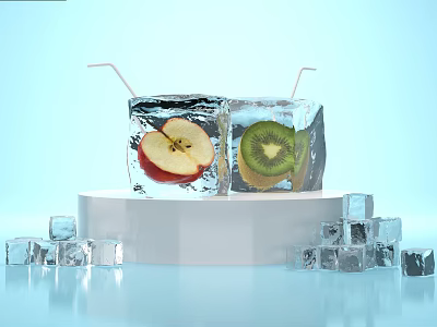 Refreshing Drink with Ice Cubes Containing Apple and Kiwi Slices and Straws on Stand 3d model
