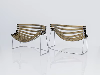 Modern Minimalist Single Chair With Curved Wooden Slats And Metal Frame Design 3d model