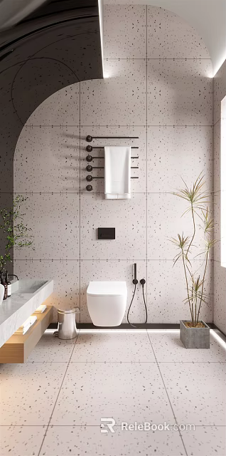 Modern Bathroom Interior With Speckled Wall Tiles White Toilet And Potted Plant 3d model 