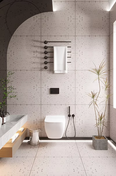 Modern Bathroom Interior With Speckled Wall Tiles White Toilet And Potted Plant 3d model