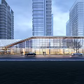 Modern Sales Office Building With Glass Curtain Walls Pedestrians And Urban Tall Buildings