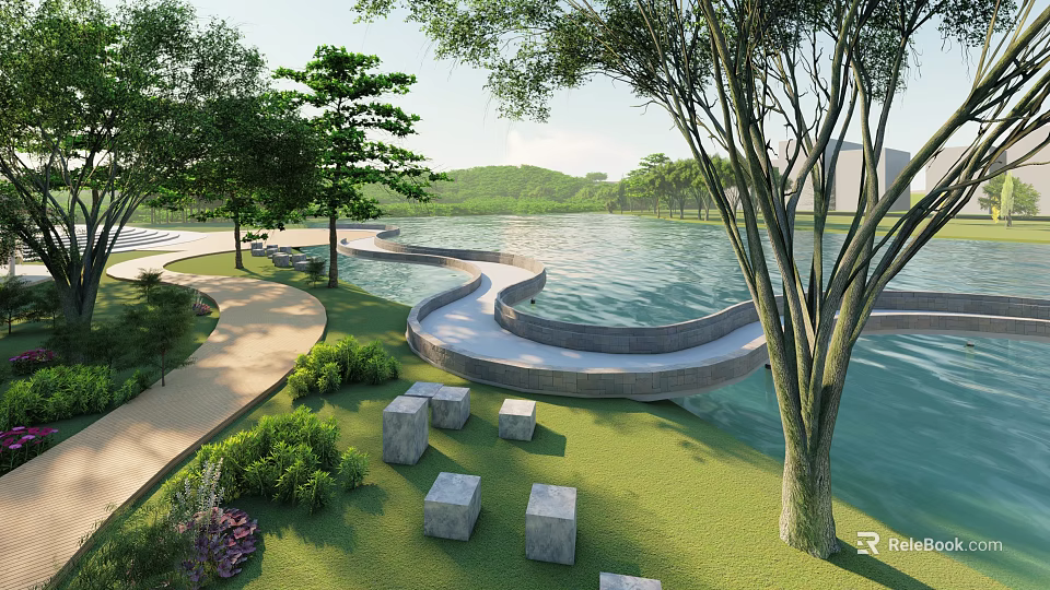 Scenic Waterfront Landscape With Curved Pathway Green Lawn Stone Benches And Trees 3d model 