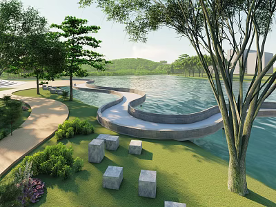 Scenic Waterfront Landscape With Curved Pathway Green Lawn Stone Benches And Trees 3d model