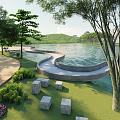 Scenic Waterfront Landscape With Curved Pathway Green Lawn Stone Benches And Trees