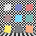 Nine Different Colored Squares Arranged On Black And White Checkerboard Background